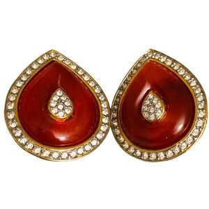 Kenneth Lane KJL Amber Lucite Rhinestone Teardrop Gold Tone Clip Earrings VTG
